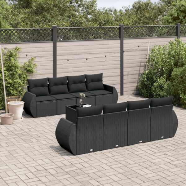 9-delige Loungeset met kussens poly rattan zwart