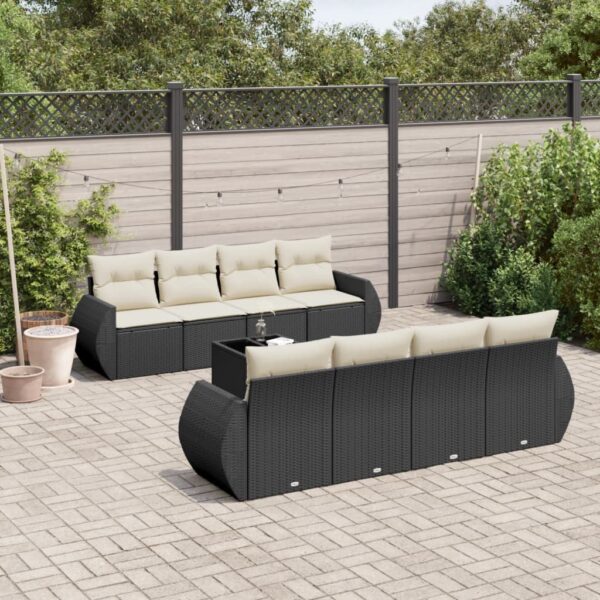 9-delige Loungeset met kussens poly rattan zwart
