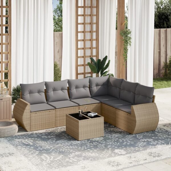 7-delige Loungeset met kussens poly rattan beige