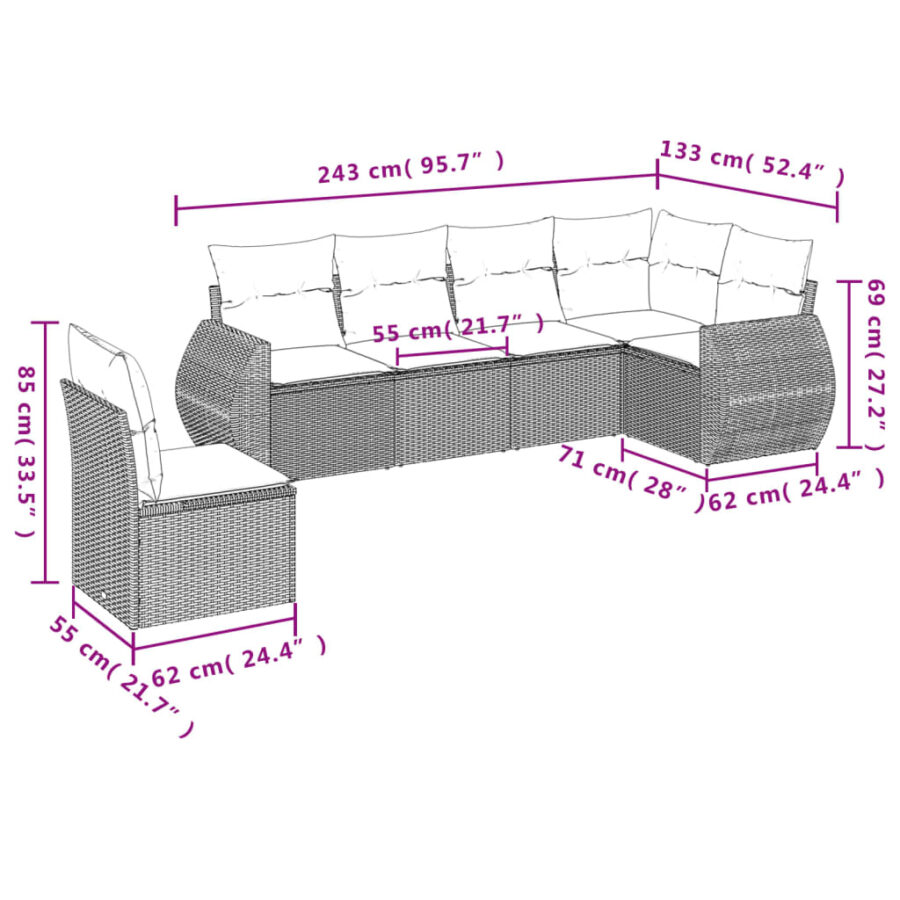 6-delige Loungeset met kussens poly rattan lichtgrijs - Afbeelding 7