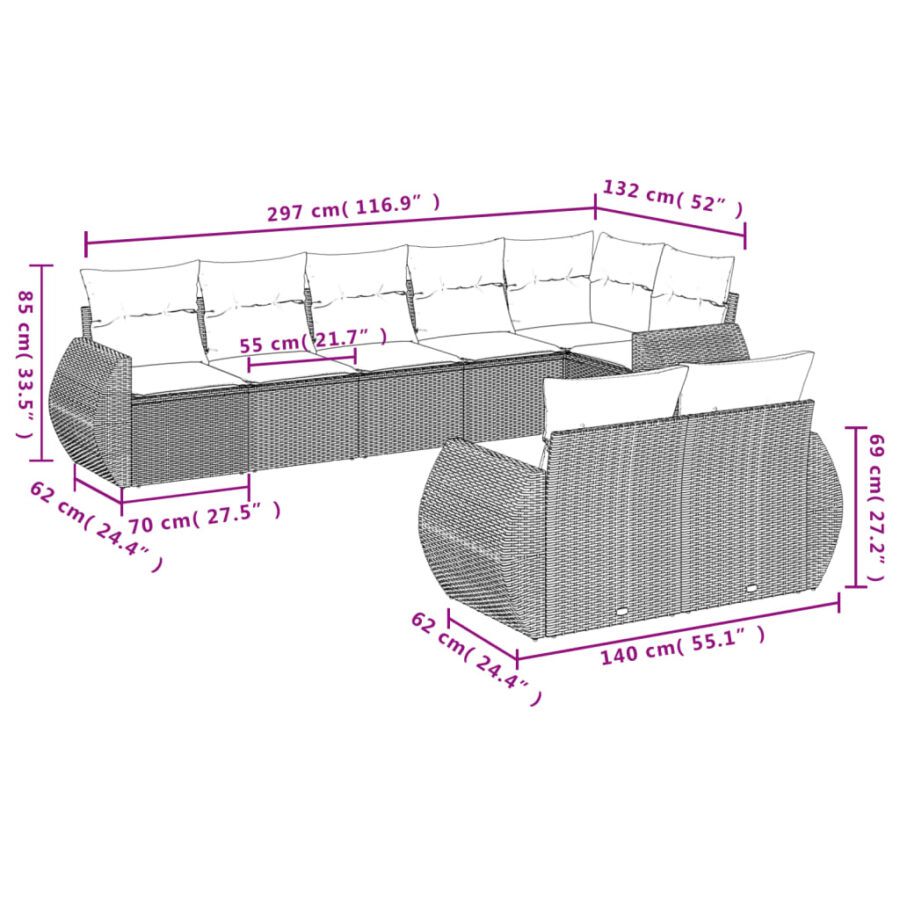 8-delige Loungeset met kussens poly rattan beige - Afbeelding 7