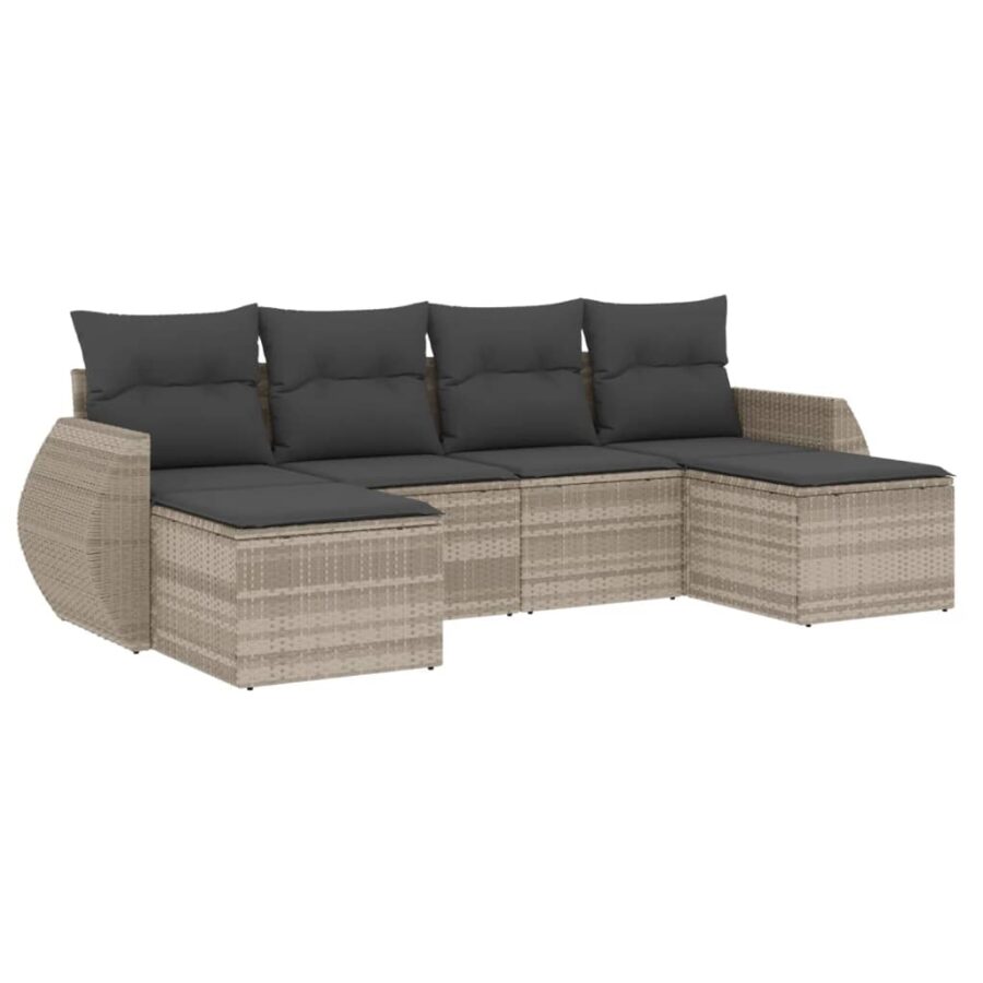 6-delige Loungeset met kussens poly rattan lichtgrijs - Afbeelding 2