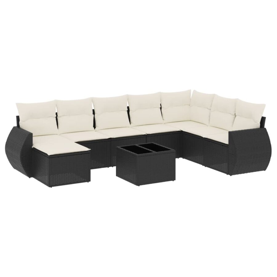 9-delige Loungeset met kussens poly rattan zwart - Afbeelding 2