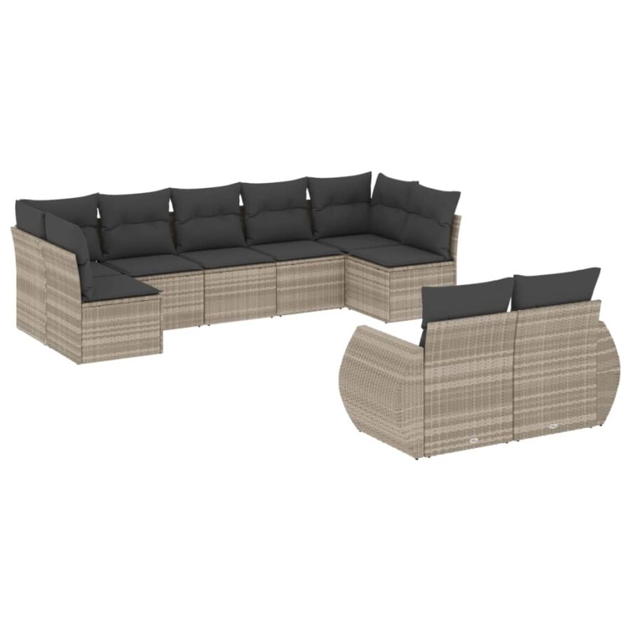 9-delige Loungeset met kussens poly rattan lichtgrijs - Afbeelding 2