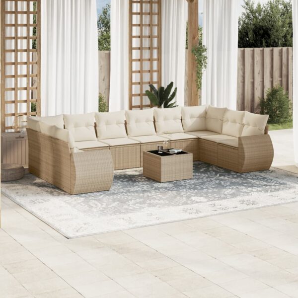 11-delige Tuinset met kussens poly rattan beige