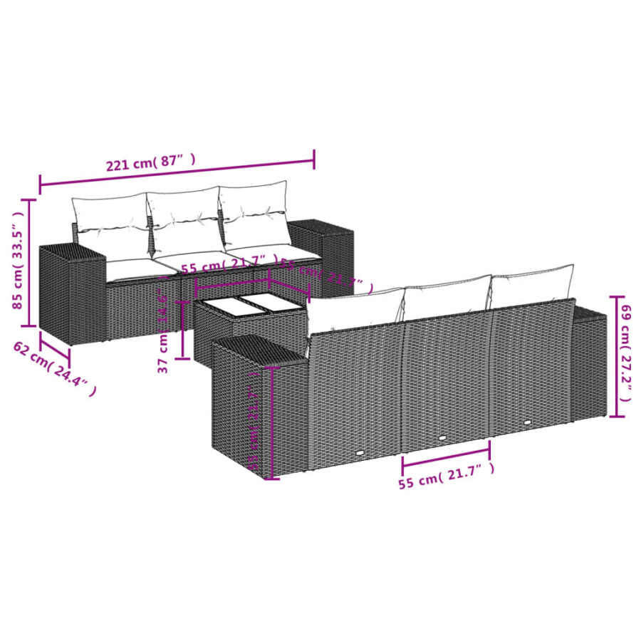 7-delige Loungeset met kussens poly rattan zwart - Afbeelding 7