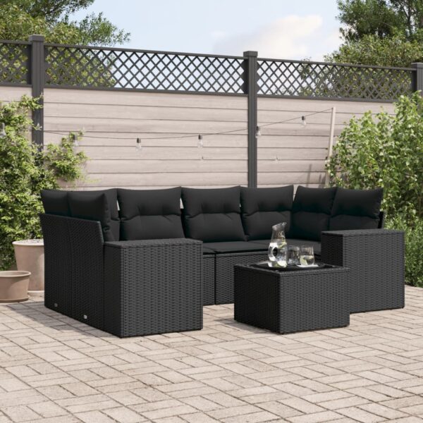 7-delige Loungeset met kussens poly rattan zwart