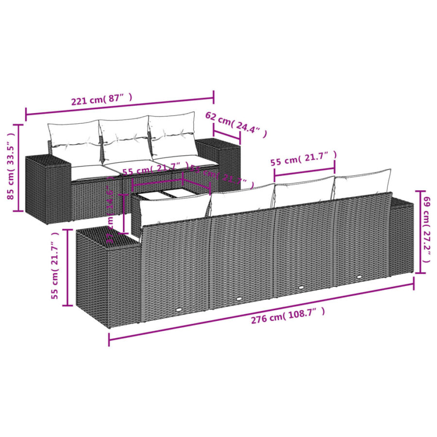 8-delige Loungeset met kussens poly rattan zwart - Afbeelding 7