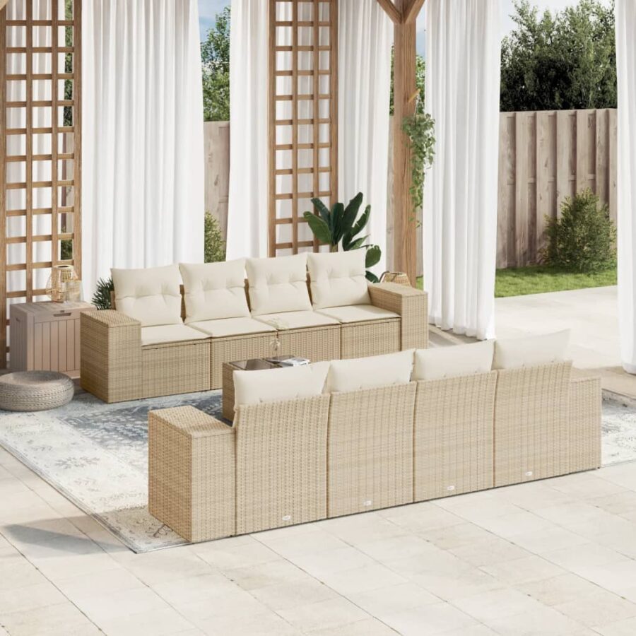 9-delige Loungeset met kussens poly rattan beige