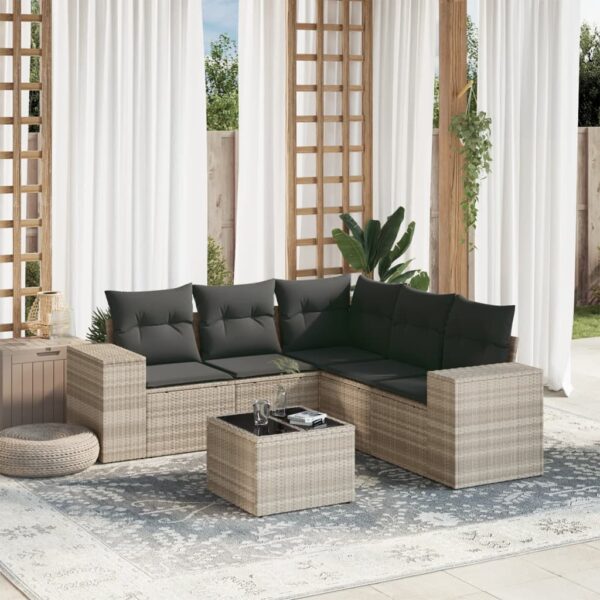 6-delige Loungeset met kussens poly rattan lichtgrijs