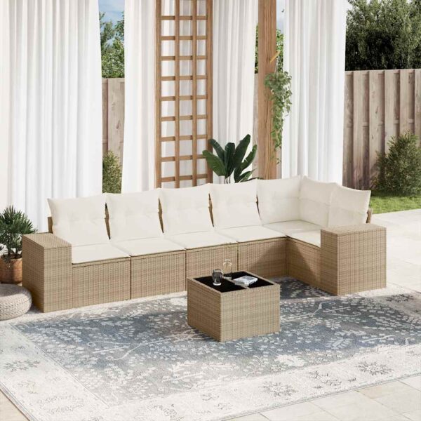 7-delige Loungeset met kussens poly rattan beige