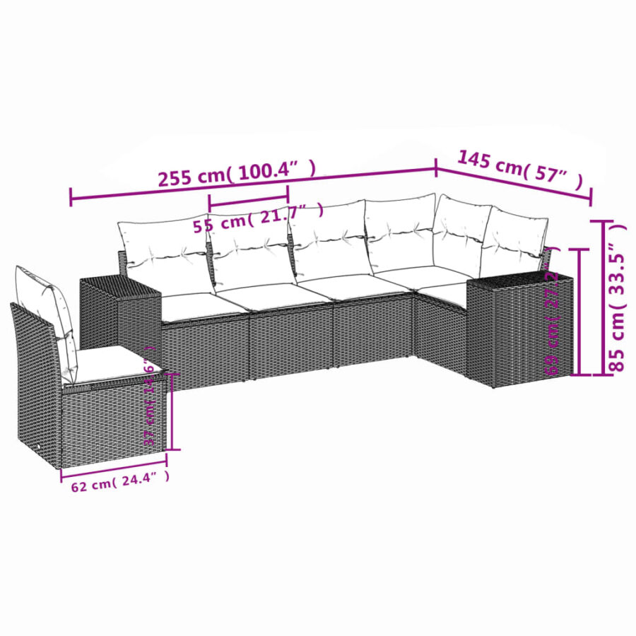 6-delige Loungeset met kussens poly rattan lichtgrijs - Afbeelding 7