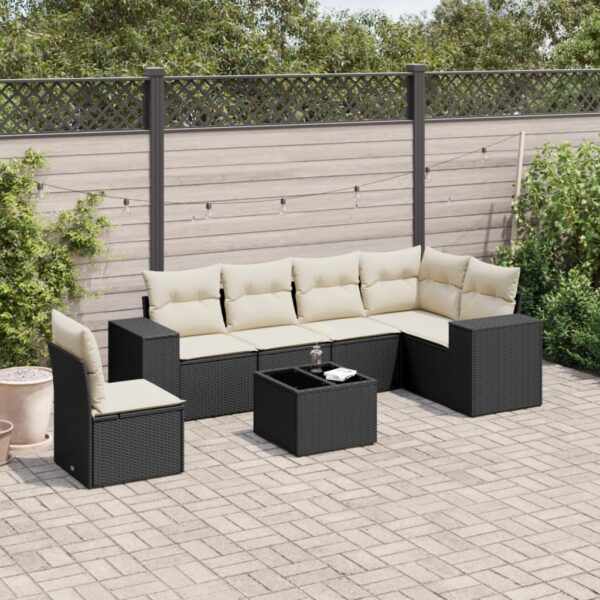 7-delige Loungeset met kussens poly rattan zwart