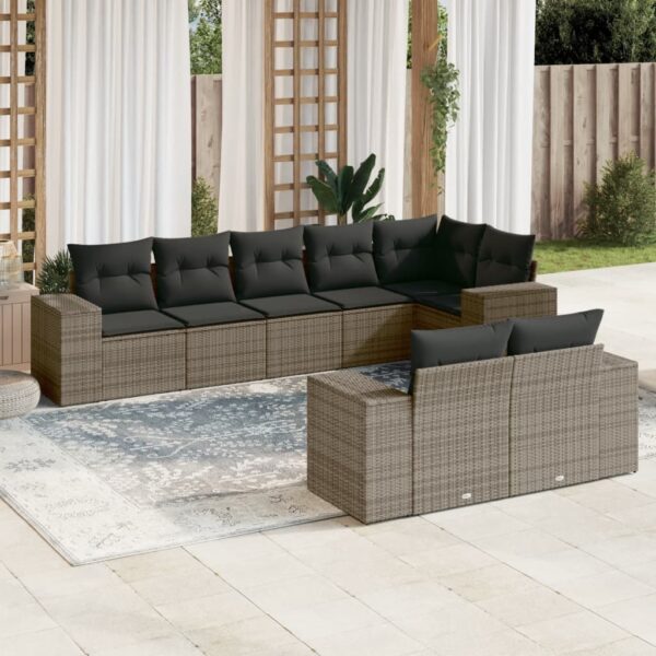 8-delige Loungeset met kussens poly rattan grijs