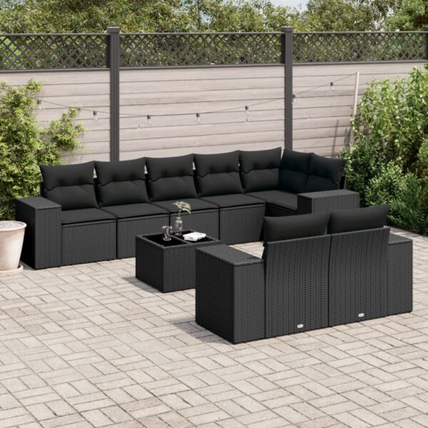 9-delige Loungeset met kussens poly rattan zwart