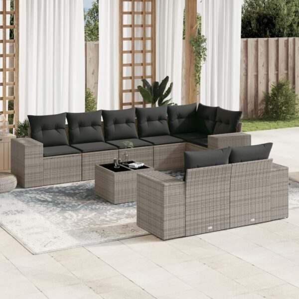9-delige Loungeset met kussens poly rattan grijs