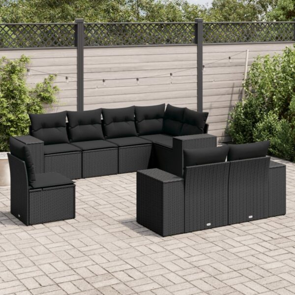 8-delige Loungeset met kussens poly rattan zwart