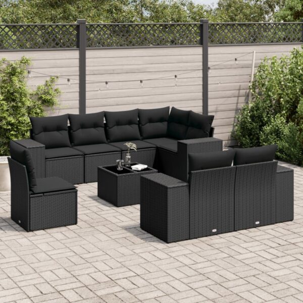 9-delige Loungeset met kussens poly rattan zwart