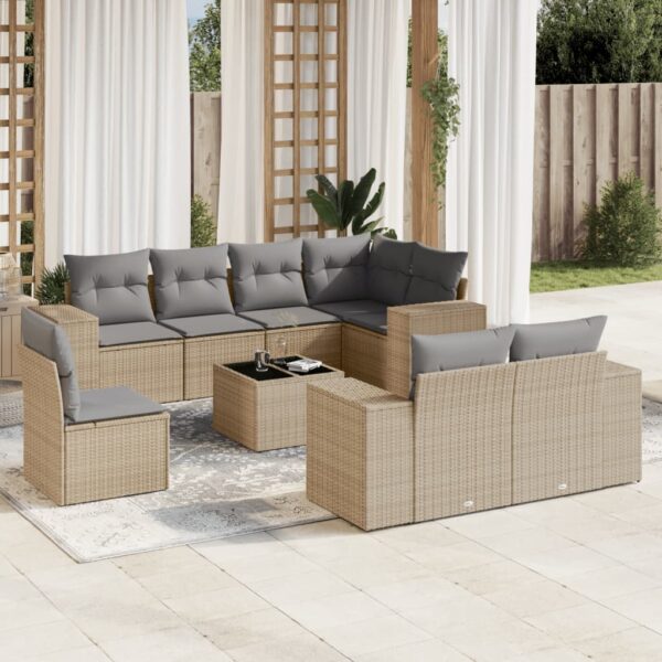 9-delige Loungeset met kussens poly rattan beige