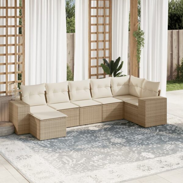 7-delige Loungeset met kussens poly rattan beige