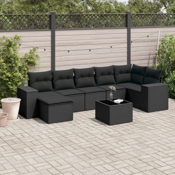 8-delige Loungeset met kussens poly rattan zwart