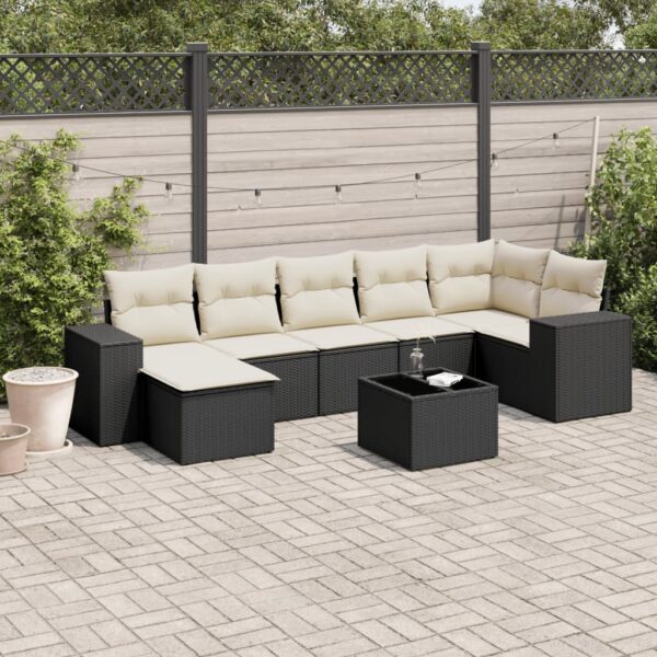 8-delige Loungeset met kussens poly rattan zwart