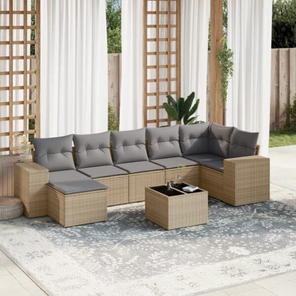 8-delige Loungeset met kussens poly rattan beige