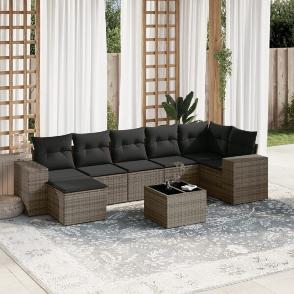 8-delige Loungeset met kussens poly rattan grijs