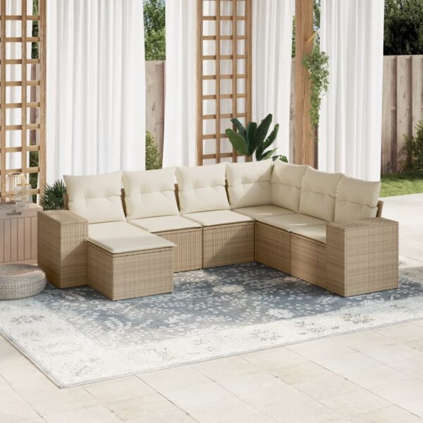 7-delige Loungeset met kussens poly rattan beige