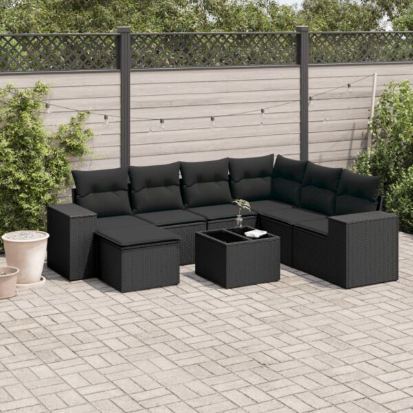 8-delige Loungeset met kussens poly rattan zwart