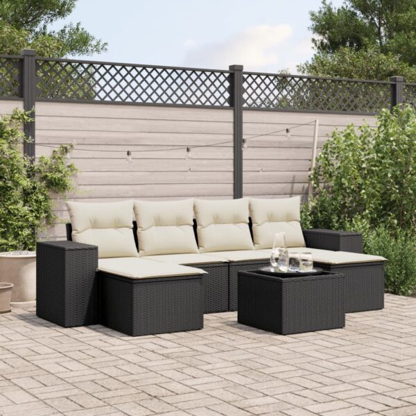 7-delige Loungeset met kussens poly rattan zwart