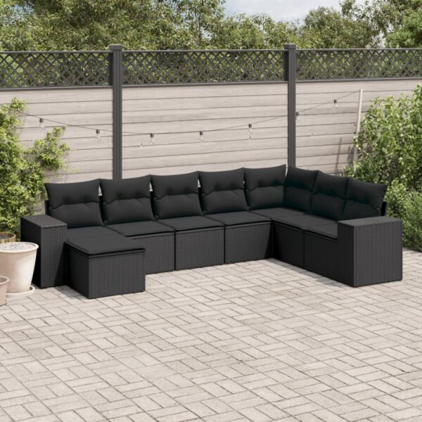8-delige Loungeset met kussens poly rattan zwart