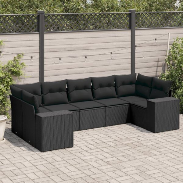 7-delige Loungeset met kussens poly rattan zwart