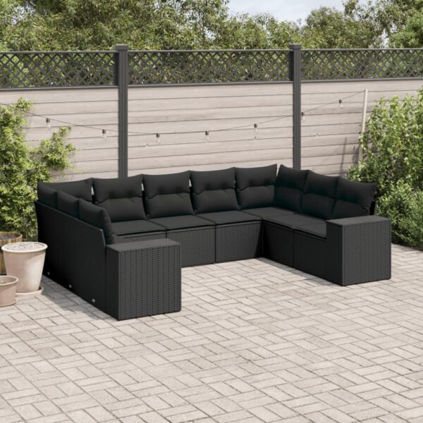 9-delige Loungeset met kussens poly rattan zwart