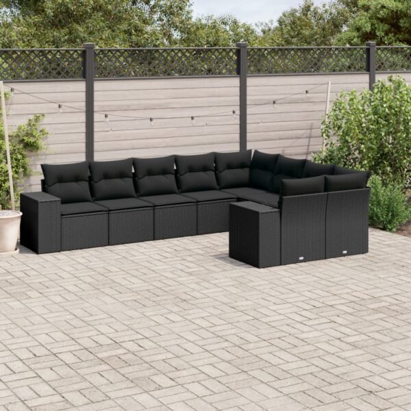 9-delige Loungeset met kussens poly rattan zwart