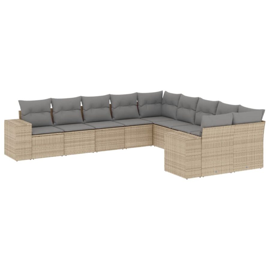 10-delige Loungeset met kussens poly rattan beige - Afbeelding 2