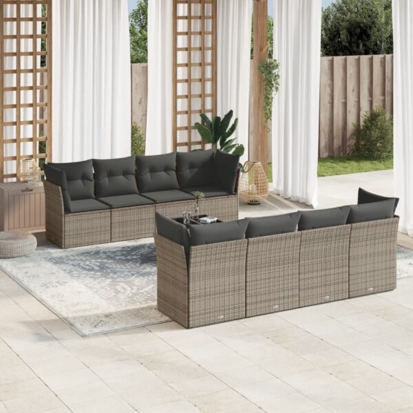 9-delige Loungeset met kussens poly rattan grijs