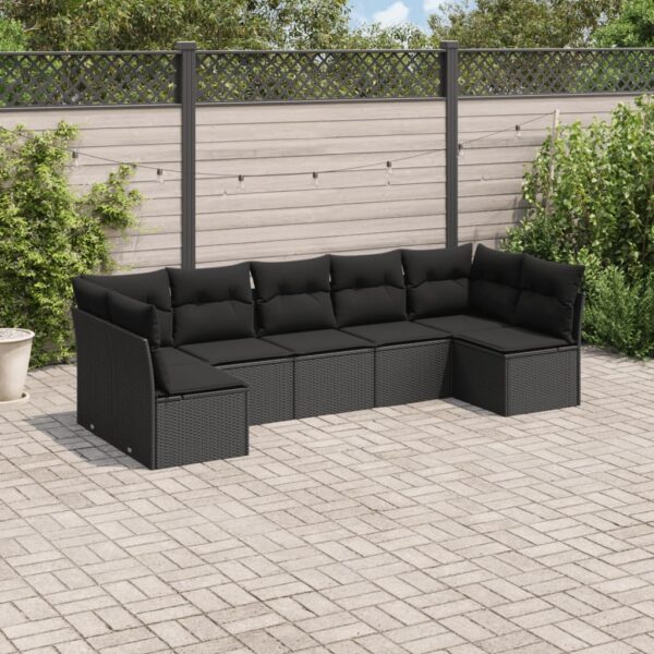 7-delige Loungeset met kussens poly rattan zwart