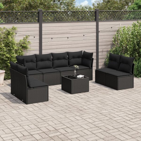 9-delige Loungeset met kussens poly rattan zwart