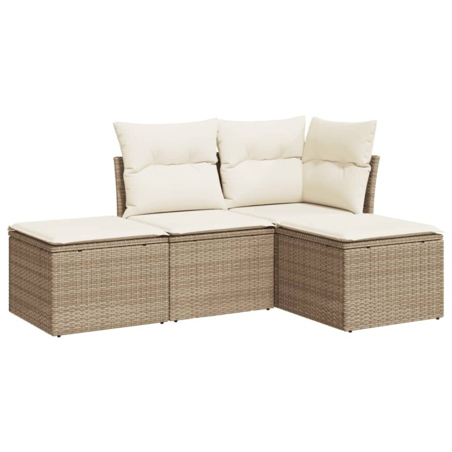 4-delige Loungeset met kussens poly rattan beige - Afbeelding 2