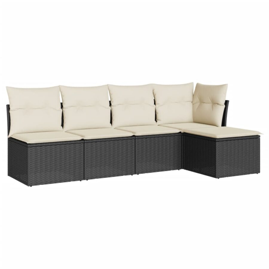 5-delige Loungeset met kussens poly rattan zwart - Afbeelding 2