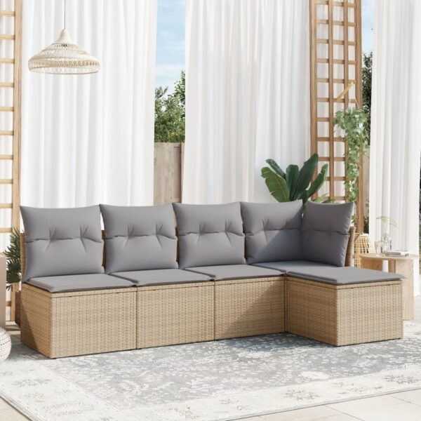 5-delige Loungeset met kussens poly rattan beige