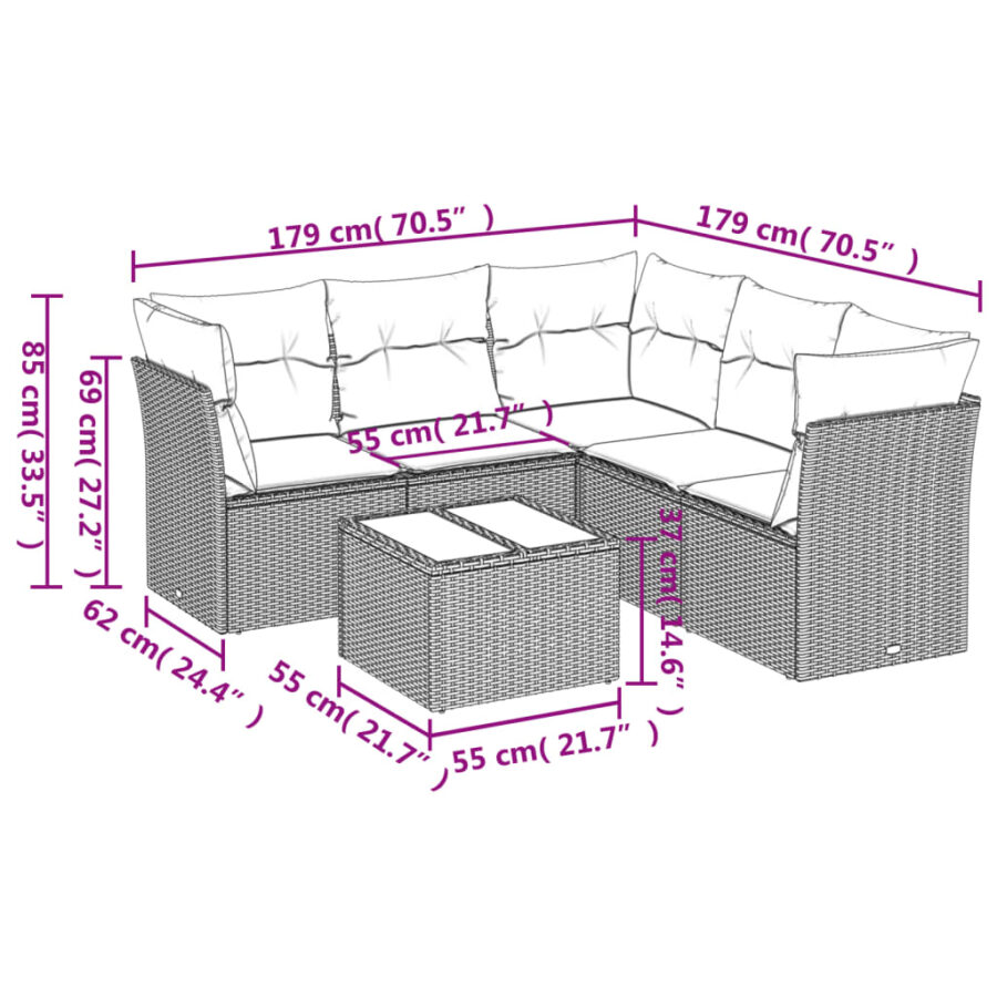 6-delige Loungeset met kussens poly rattan lichtgrijs - Afbeelding 3