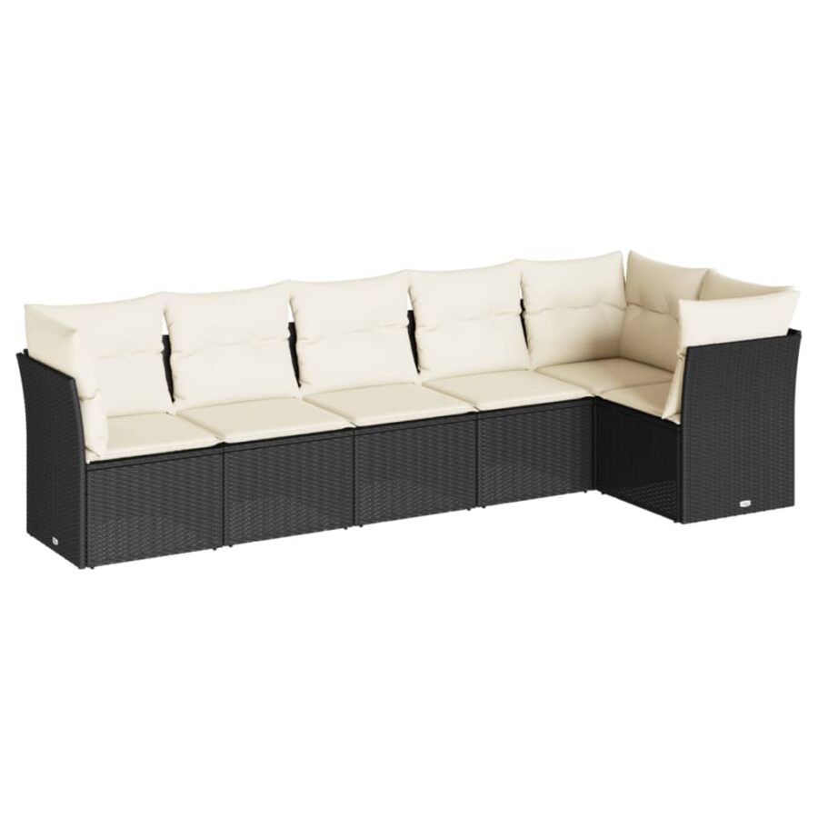 6-delige Loungeset met kussens poly rattan zwart - Afbeelding 2