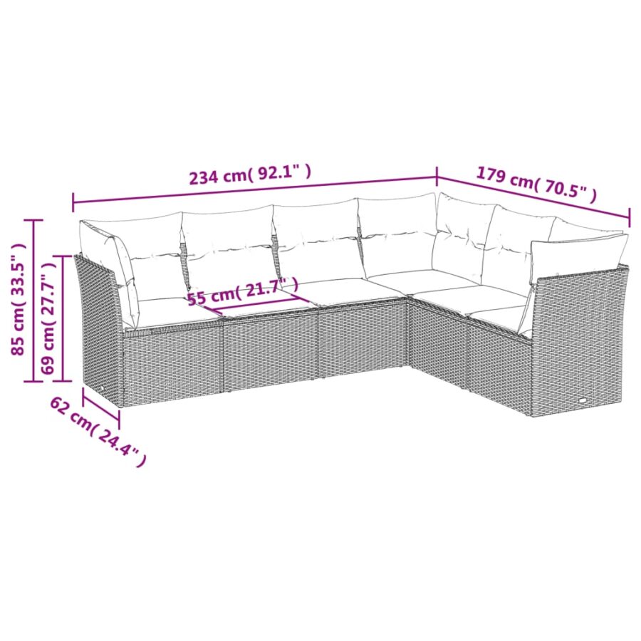 6-delige Loungeset met kussens poly rattan zwart - Afbeelding 3