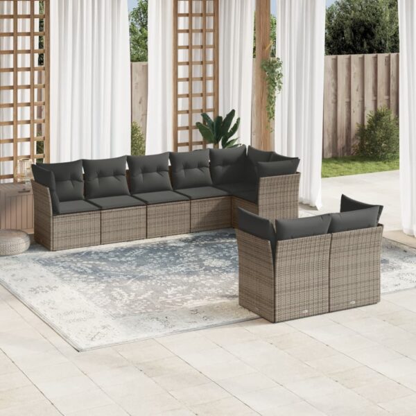 8-delige Loungeset met kussens poly rattan grijs