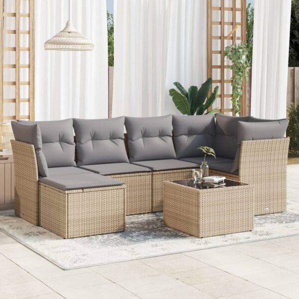 7-delige Loungeset met kussens poly rattan beige