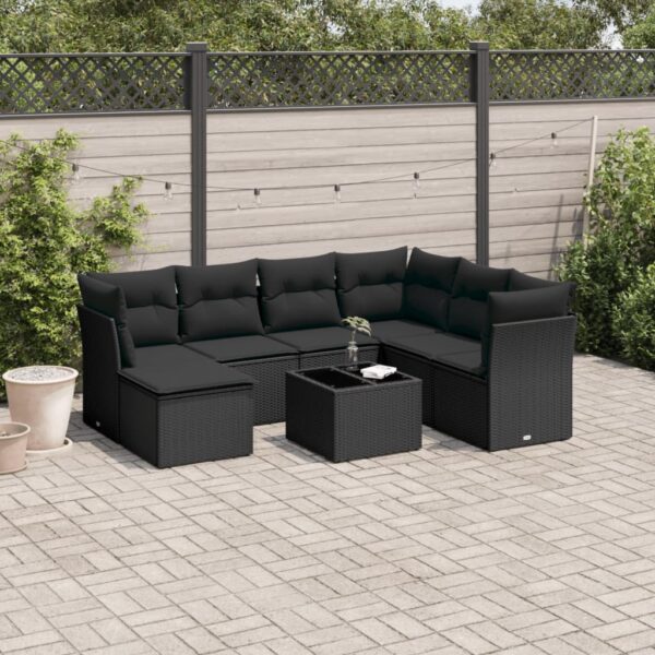 8-delige Loungeset met kussens poly rattan zwart