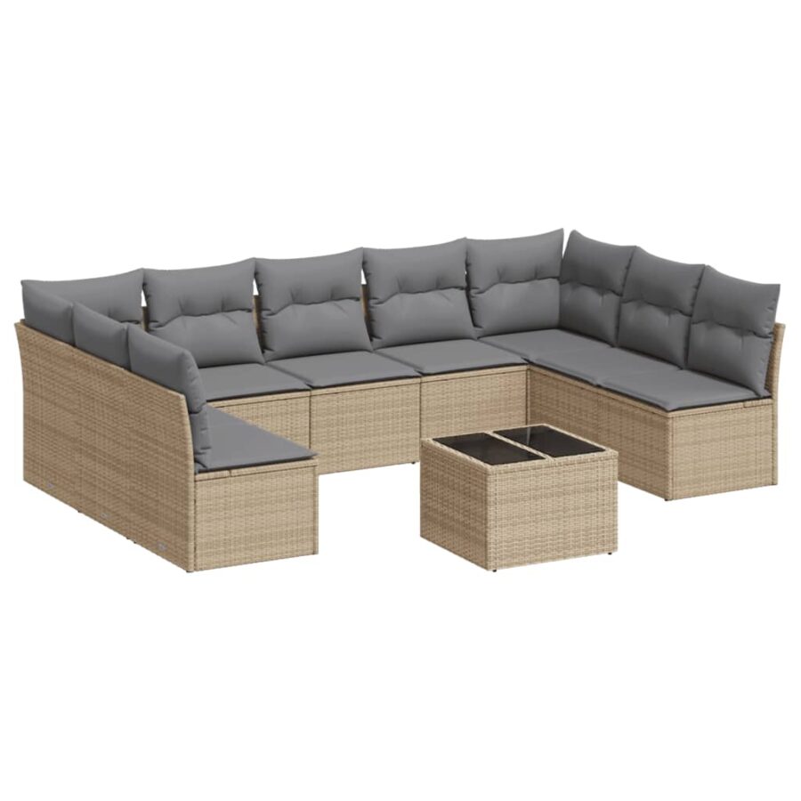 10-delige Loungeset met kussens poly rattan beige - Afbeelding 2