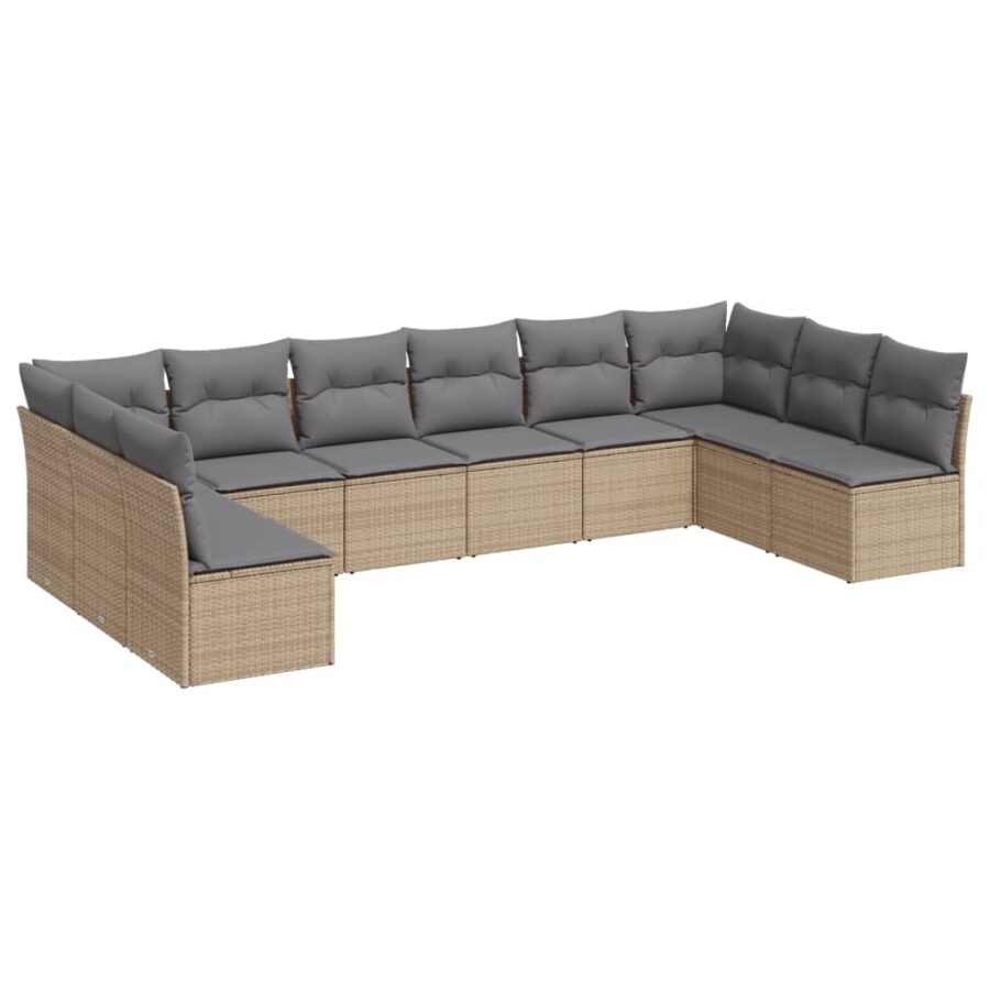 10-delige Loungeset met kussens poly rattan beige - Afbeelding 2